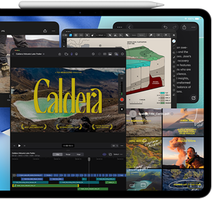 iPad Pro, front exterior, landscape orientation, space black color, Apple Pencil resting atop device, display showing multiple app windows tiled, including Final Cut Pro with multiple video editing features and timeline, Maps, Notes, and various media clips