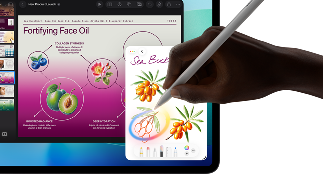 iPad Pro, front exterior display with dark blue and green gradient background with multiple apps open, hand holding Apple Pencil Pro circling a sketch showing Apple Intelligence Image Wand feature