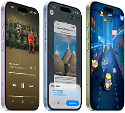 iPhone 17 devices, exterior front, exterior side, demonstrating Apple Music, Visual intelligence, gaming, buttons: Action button, volume