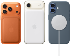 iPhone 17 Pro, back exterior, Cosmic Orange color, with Silicone Case in Sienna color and FineWoven Wallet with MagSafe in Fox Orange color; iPhone Air, back exterior, Cloud White color, with Magsafe Battery; iPhone 17, back exterior, Mist Blue color, with Silicone Case in Anchor Blue color and MagSafe Charger