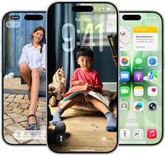 iPhone 17, exterior front, Dynamic Island centered near top, three colors: Mist Blue, Lavender, Sage