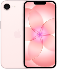 Side by side, iPhone 17e, back exterior, soft pink color, Fusion camera system at top left, iPhone 17e, front exterior, all-screen design
