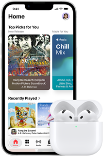 iPhone 17e, front exterior, Apple Music app with Home Screen open, next to AirPods 4 in open MagSafe Charging case