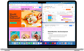 MacBook Air, screen shows Figma, Zoho, and Quip open in three separate windows, to demonstrate multitasking