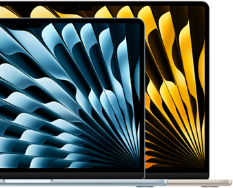 Two MacBook Air laptops demonstrating relative sizes of displays: 13.6 inches and 15.3 inches, measured diagonally