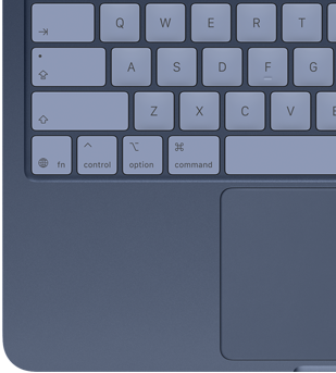 A top-down view of MacBook Neo in indigo, with color-coordinated keycaps and Multi-Touch trackpad visible