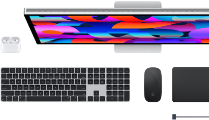 Mac accessories: Airpods, Studio Display, Magic Keyboard, Magic Mouse, Magic Trackpad, MagSafe charge cable in Space Black